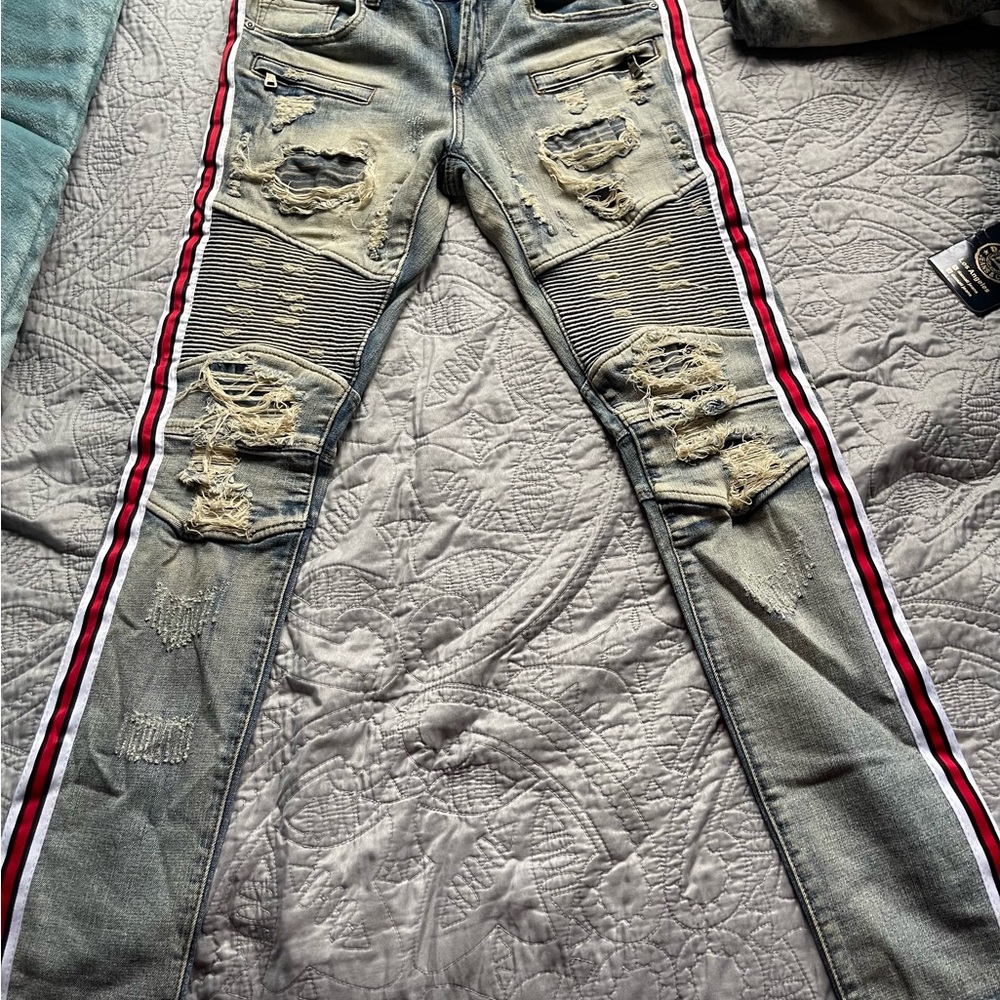 Red and Blue Skinny Jeans with Distressed Look and Sporty Side Stripes